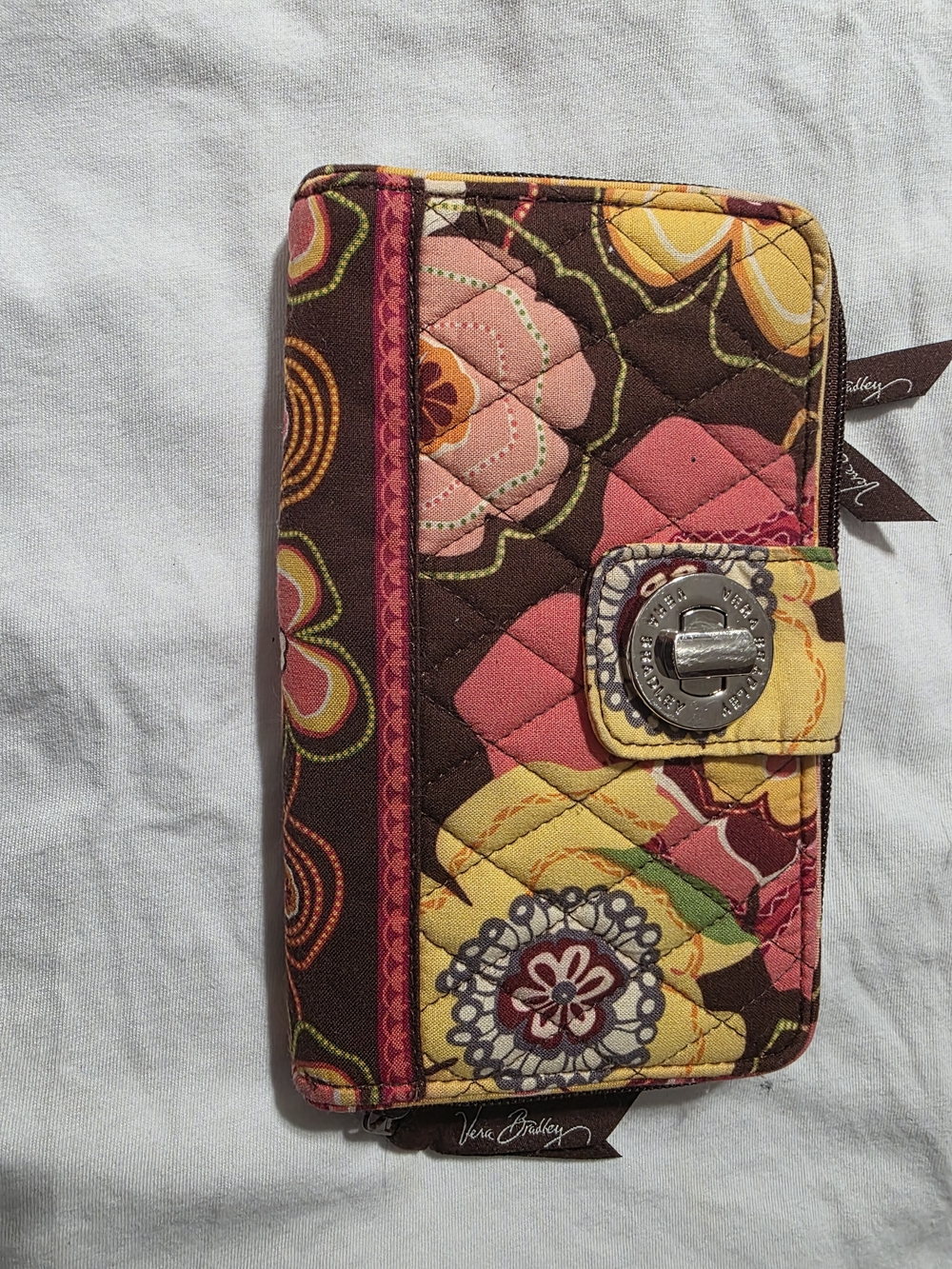 Vera Bradley Brown Floral Quilted Phone Wallet - Pink, Yellow, Green Accents